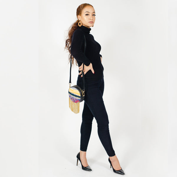 ROUND CONVERTIBLE BEADED FRINGE BAG